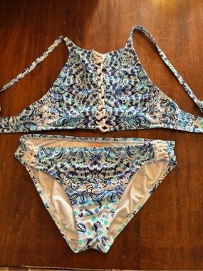 Lilly Pulitzer Blue, Aqua & Navy Printed Bikini Set with Cream Trim